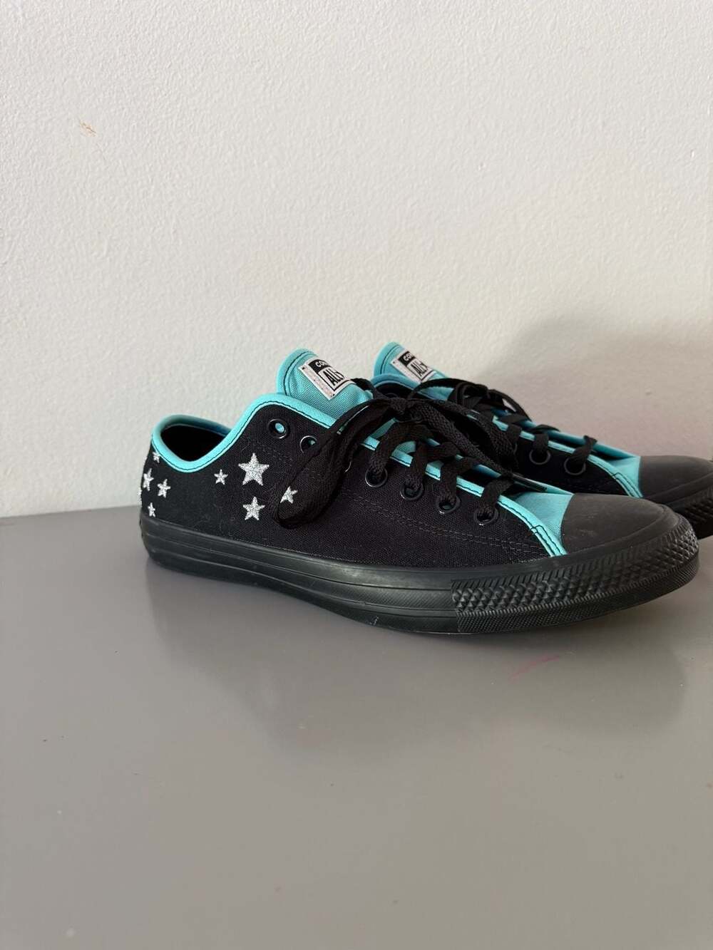 NEW CUSTOM Converse Chuck Taylor All Star Low Top Black/Aqua Star Graphic 7.5 9. - Picture 3 of 6